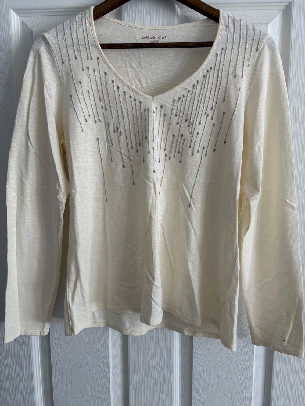 Coldwater Creek Cream Long-Sleeve V-Neck Top with Silver Bead Detail